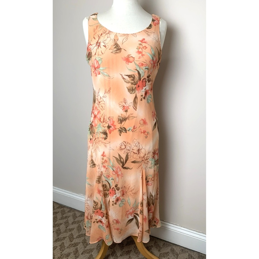Garden Floral Midi Dress Womens Petite 12 Peach Fairy Wedding Guest Lined Godet